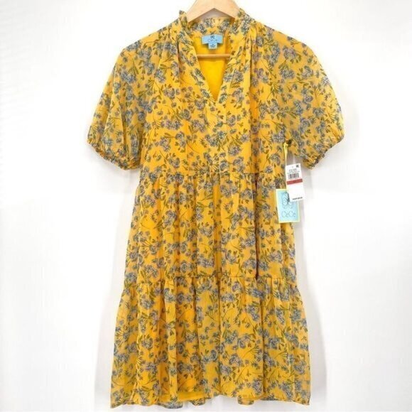 CeCe Yellow Flowy Floral Print Babydoll Dress - Picture 1 of 14